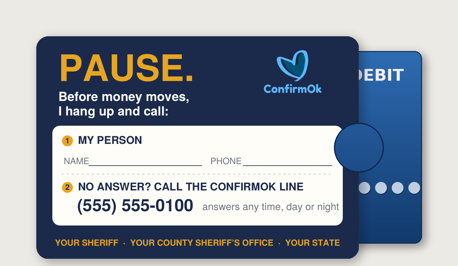 County-branded PAUSE card sleeve with debit card — PauseOk by ConfirmOk